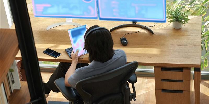 a person sitting at a desk with a computer